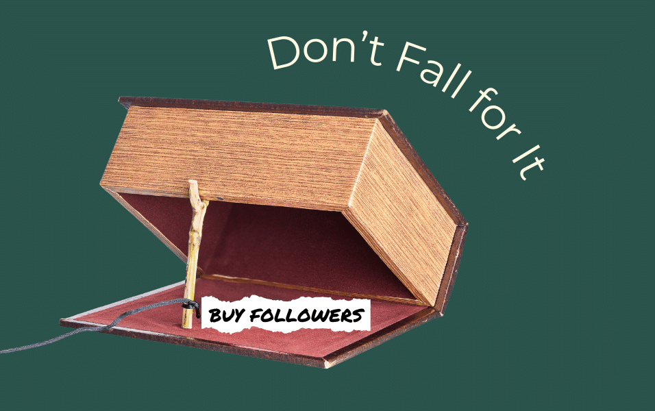 a box propped up as a trap with "buy followers" on a scrap of paper on the inside. Text says "Don't Fall for it"